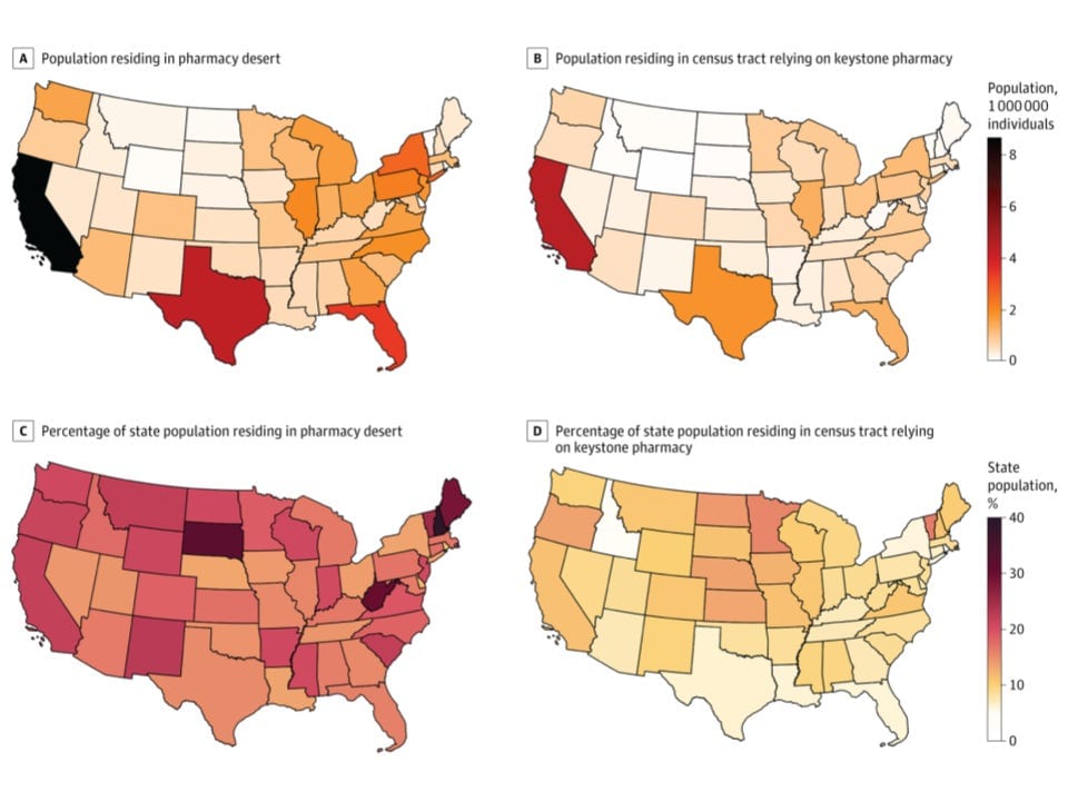 Population by State Residing in Pharmacy Deserts and in Census Tracts Served by Keystone Pharmacies  Pharmacy desert was defined as a census tract lacking a pharmacy within the established drive time threshold, based on the region and level of urbanicity. Keystone pharmacy was defined as a critical pharmacy whose removal would result in the conversion of a census tract into a pharmacy desert.  From: Vulnerability Index Approach to Identify Pharmacy Deserts and Keystone Pharmacies  JAMA Netw Open. 2025;8(3):e250715. doi:10.1001/jamanetworkopen.2025.0715 https://jamanetwork.com/journals/jamanetworkopen/fullarticle/2831360  Date of download:  5/21/2025